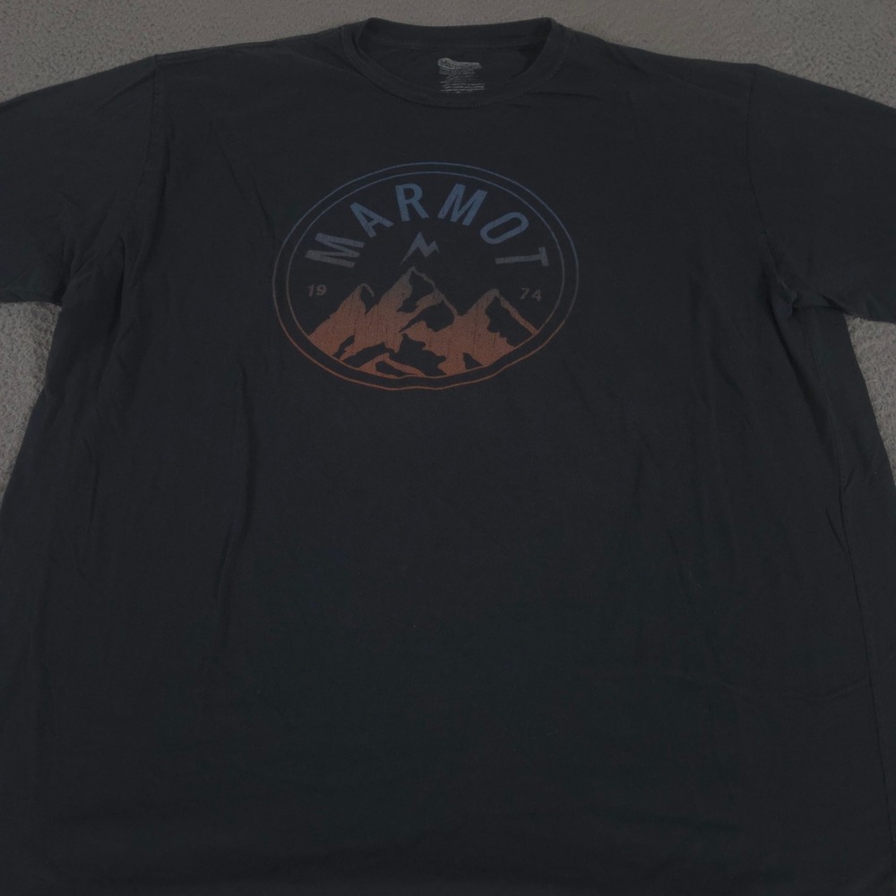 Marmot Shirt Mens XXL Navy Camp Hike Climb Graphic Organic Cotton Mountain Tee